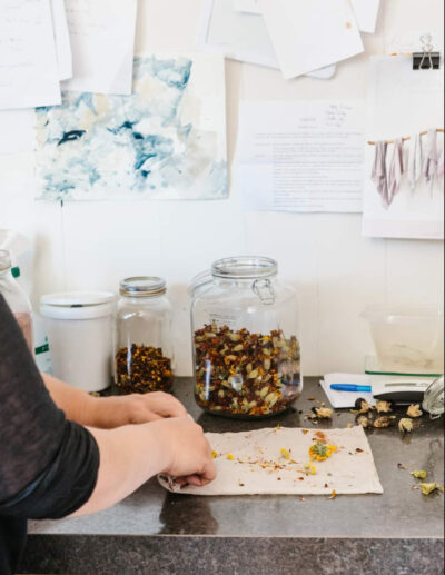 creation in progress of a vegetal print on a silk scarf.